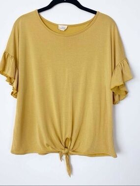 Mustard Ruffle Sleeve Tie-Front Top - Casual Women’s Tee